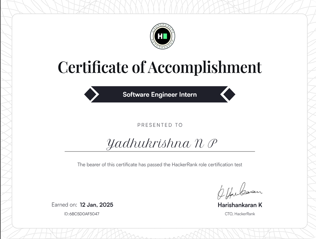 Software Engineer Intern Certificate